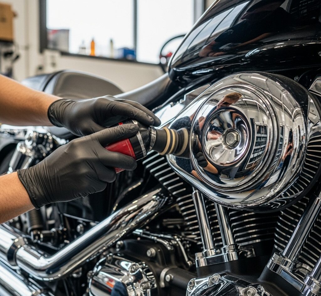 shows a person polishing a motorcycle