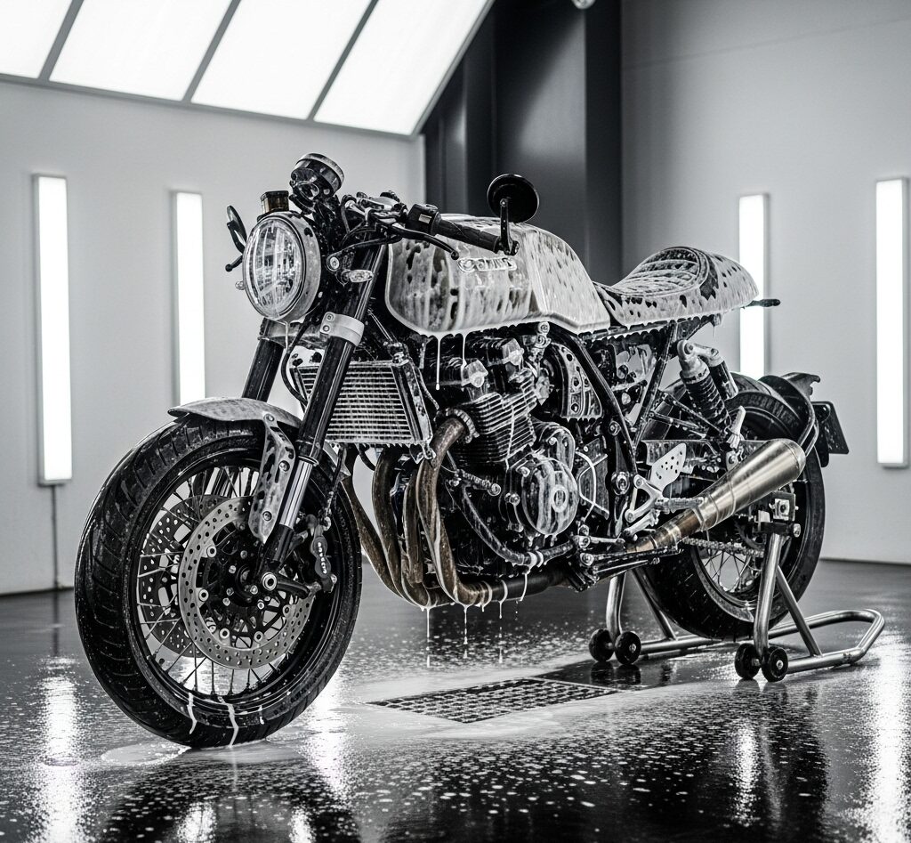 motorcycle detailing: Pre-Wash Foam Rinse