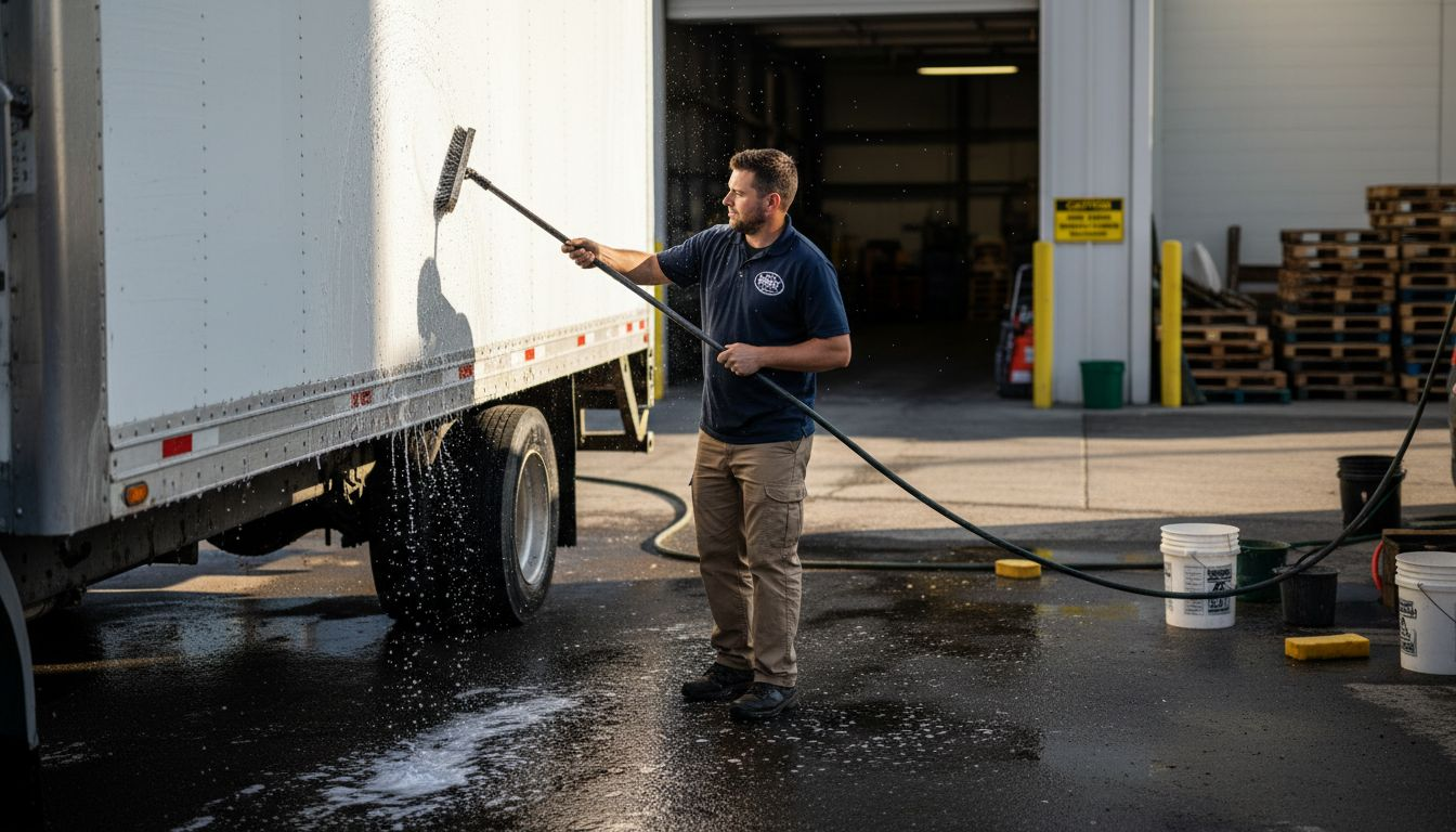 Detailer washing large commercial truck at warehouse