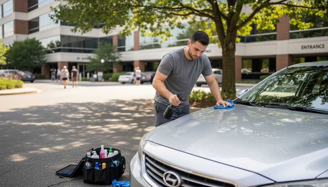 Auto detailer cleaning car in sunlight