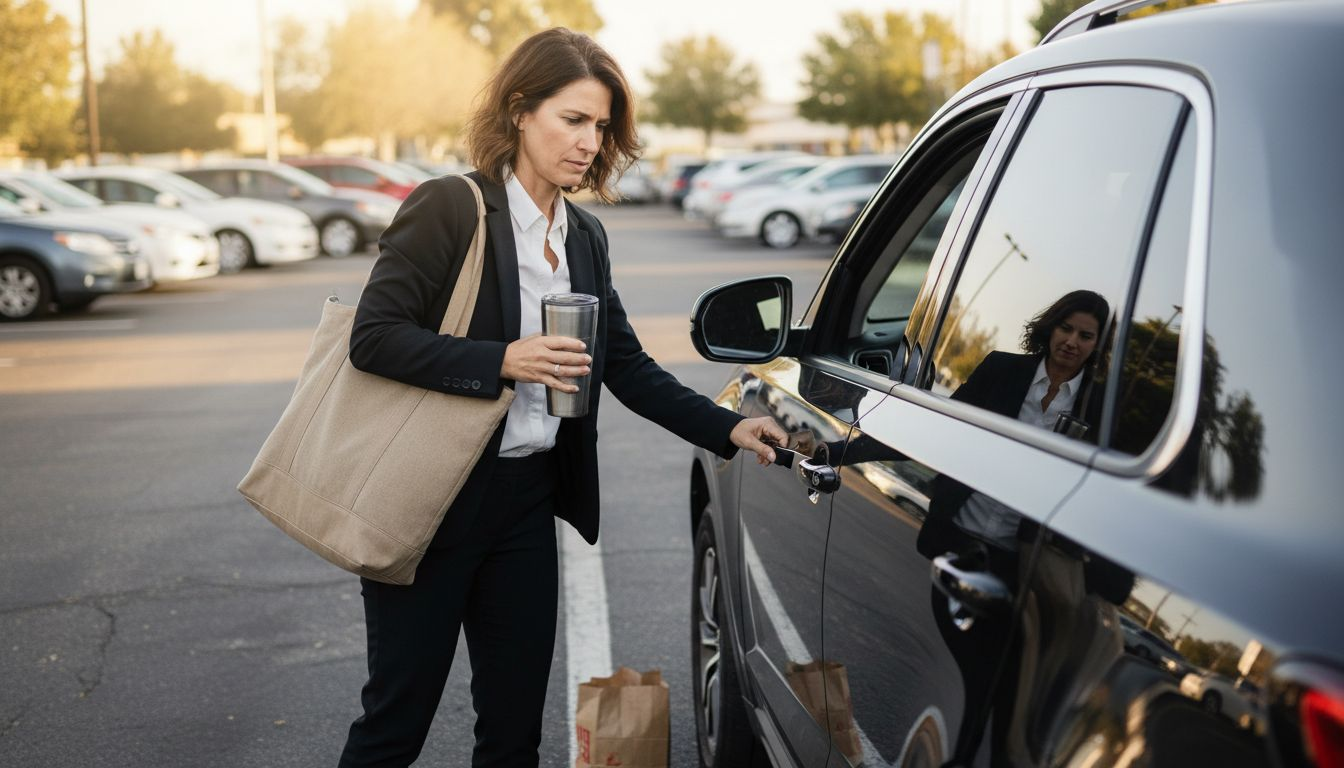Busy owner holding laptop near clean car