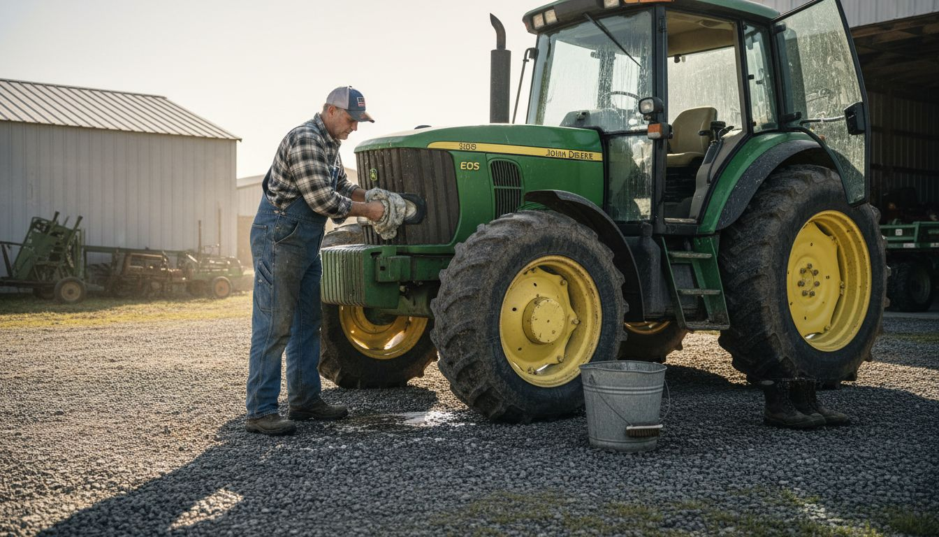 Farmer cleaning muddy tractor in field