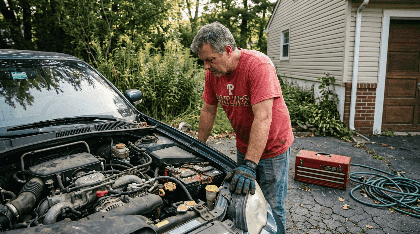 Car owner inspecting dirty engine bay