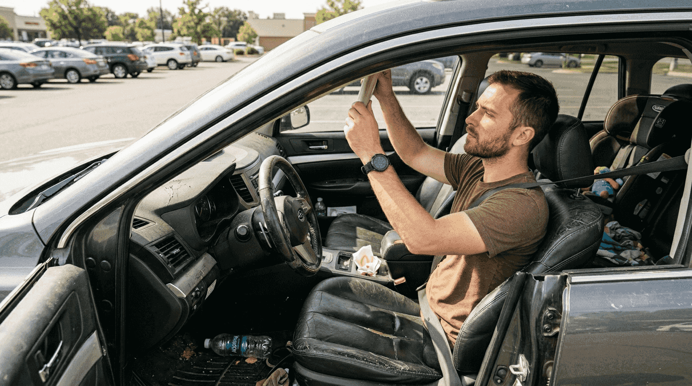 Driver adjusting visor reveals sun-damaged car interior