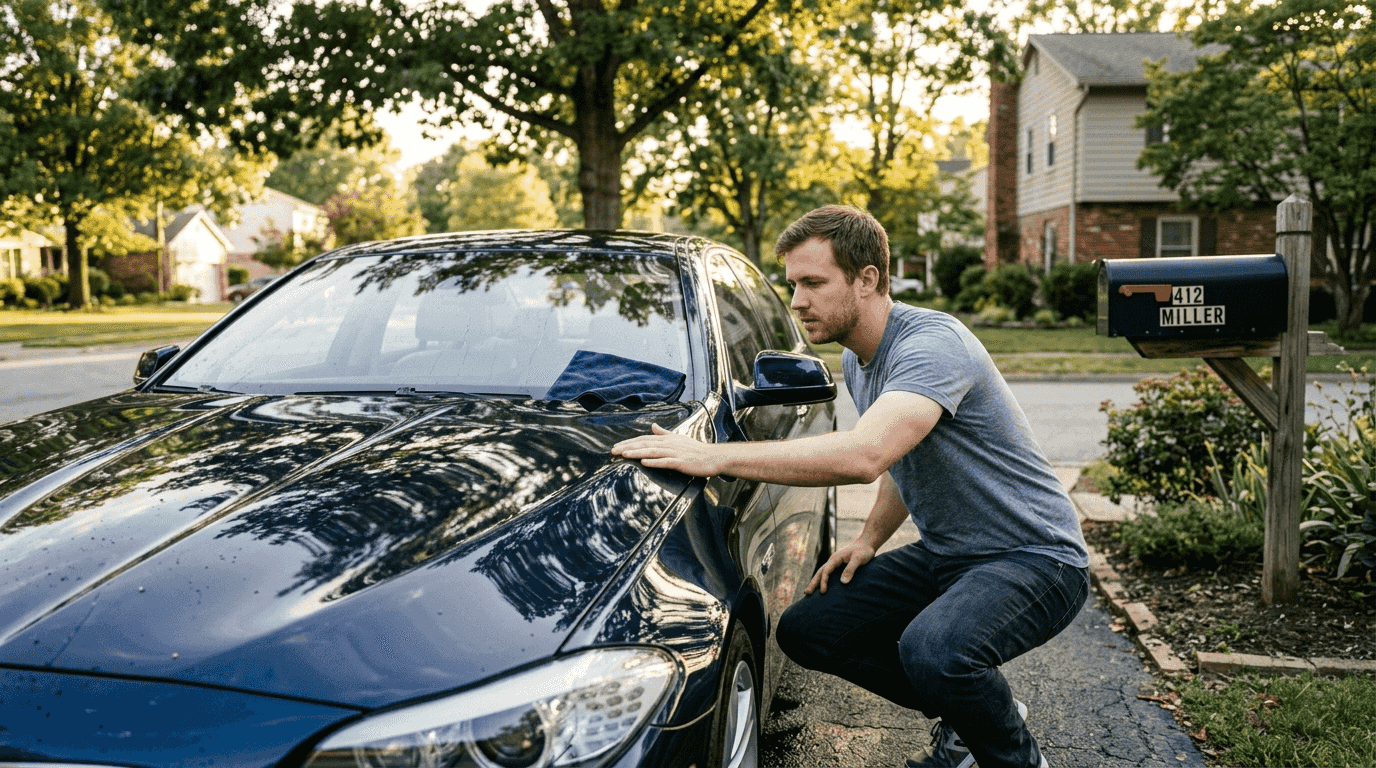 Car owner checks self-healing paint coating