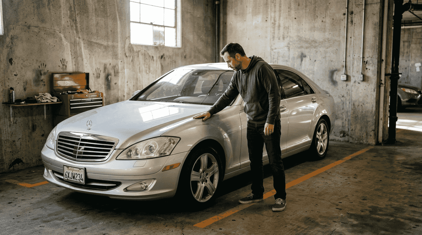 Man inspecting luxury car’s glossy paint