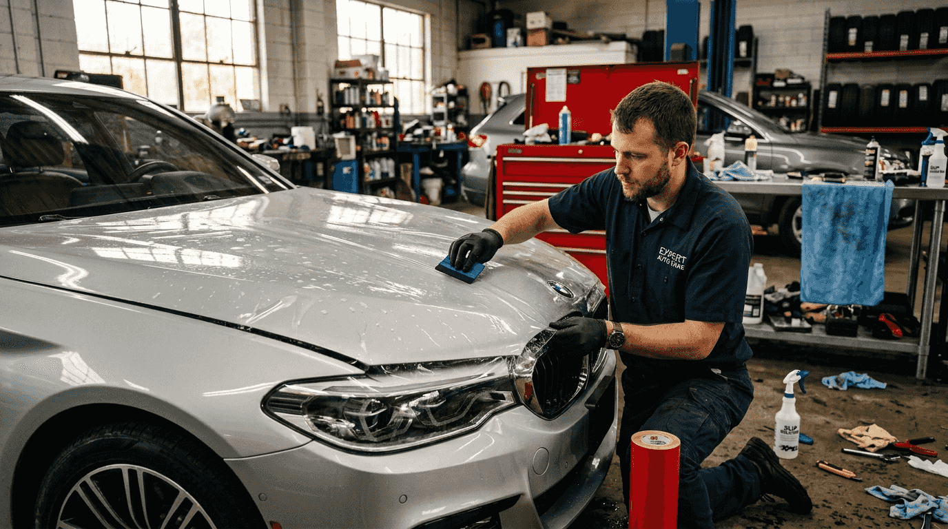Technician applying clear film to car hood
