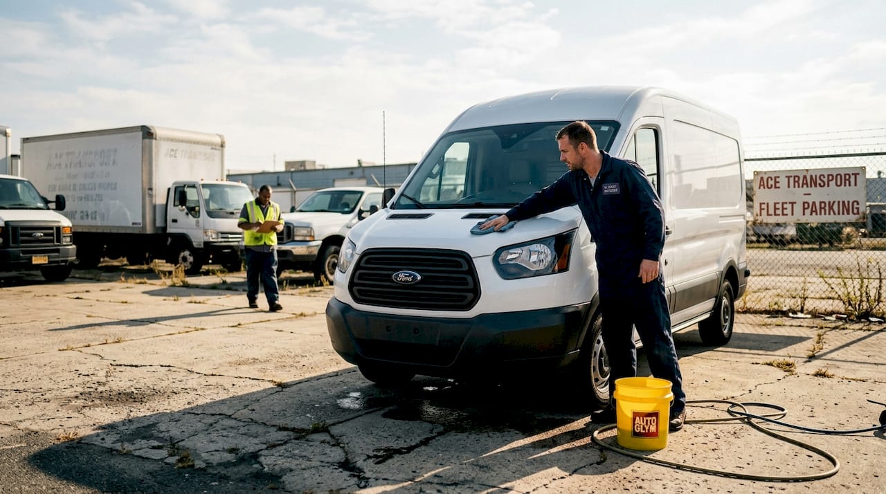 Technician cleaning commercial van in South Jersey fleet yard
