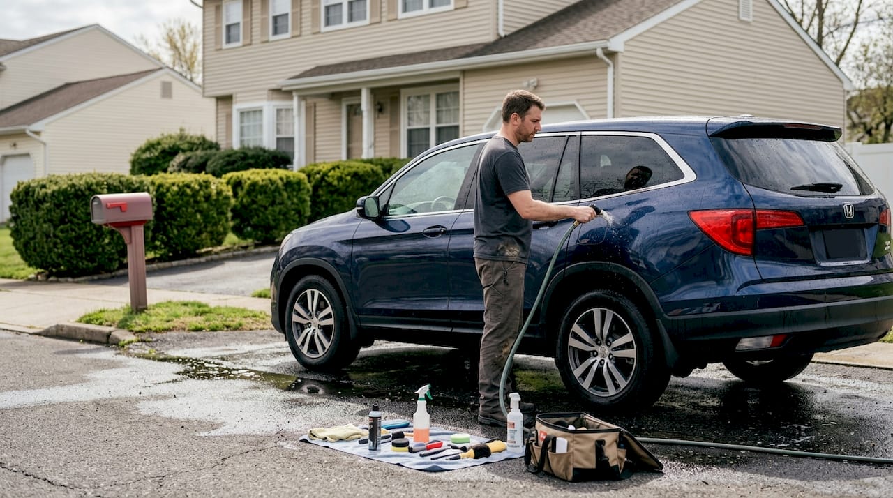 Detailer working on SUV in South Jersey driveway