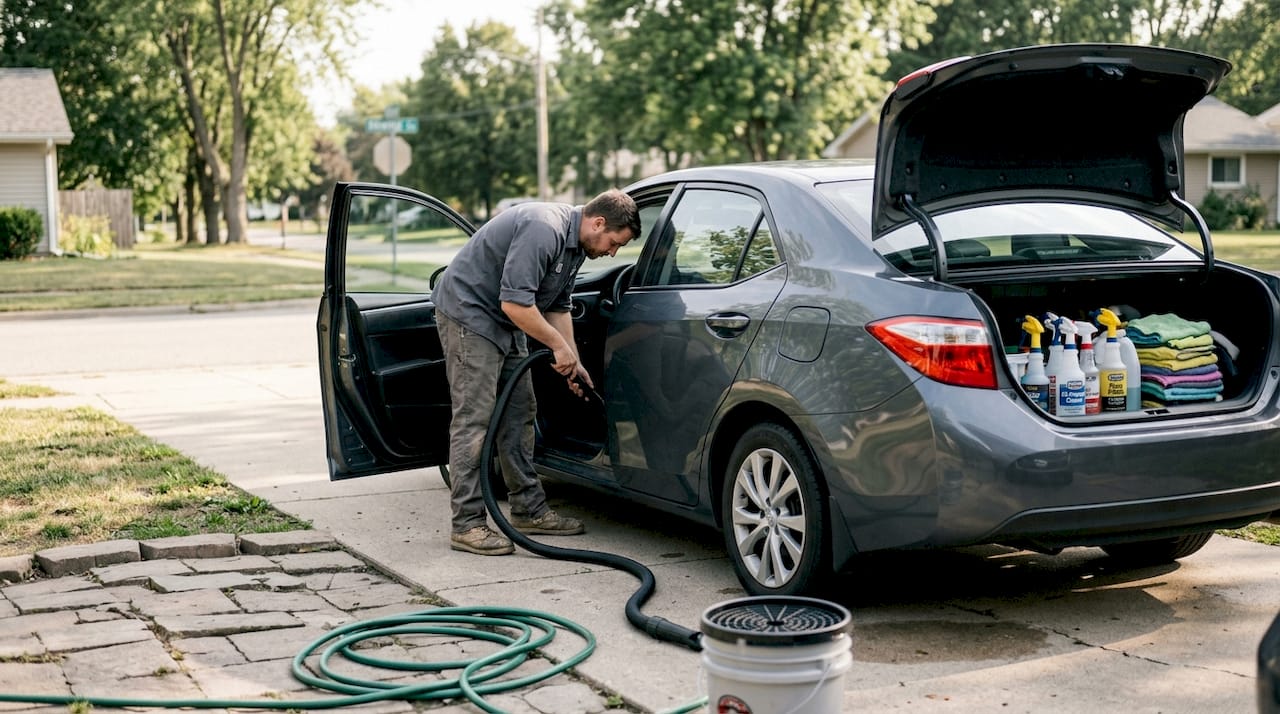 Auto detailer cleaning car for lease return