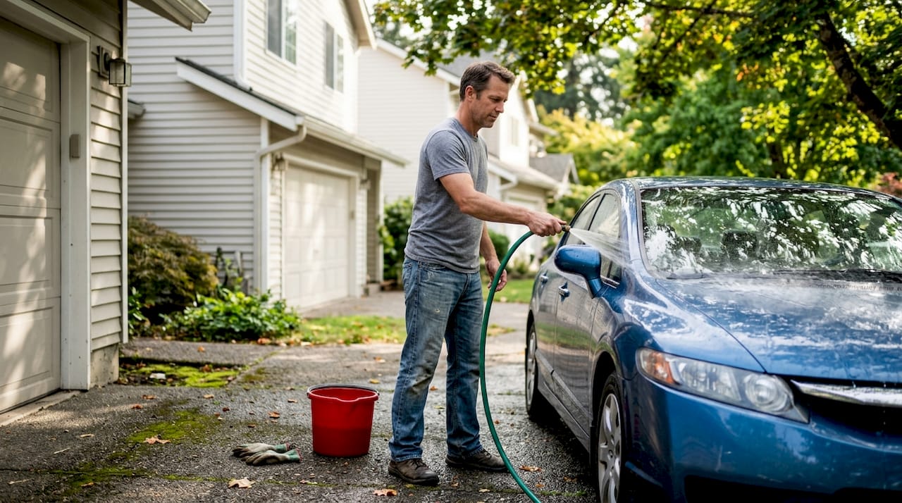 Person rinsing sedan in shaded driveway