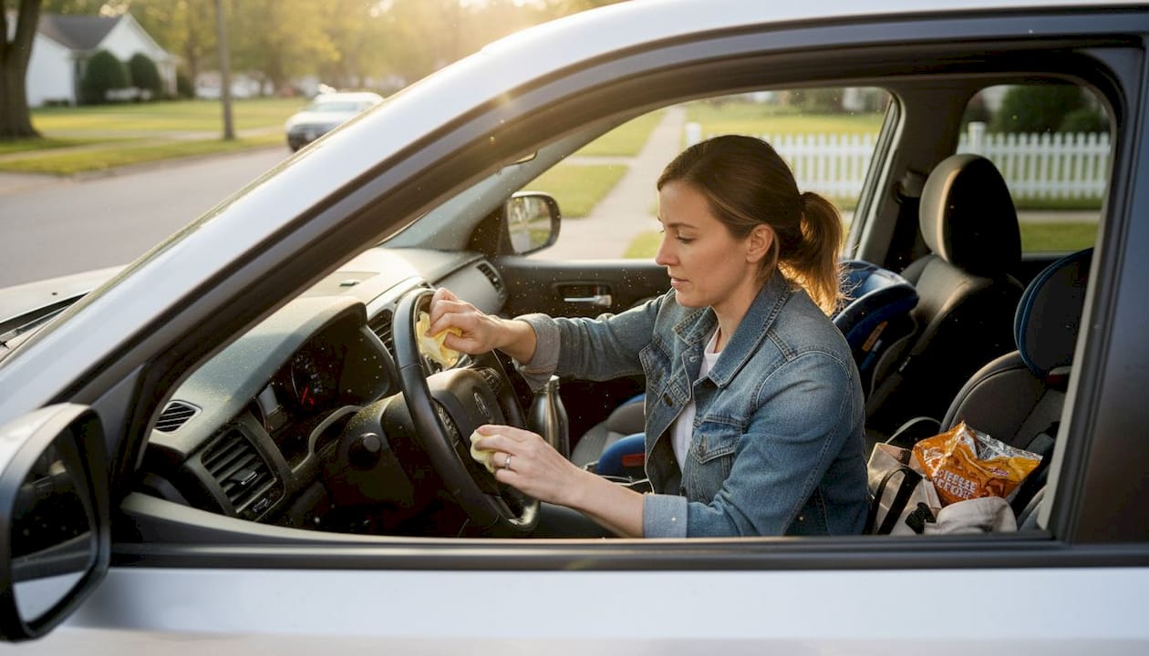 Woman cleaning pollen inside car interior