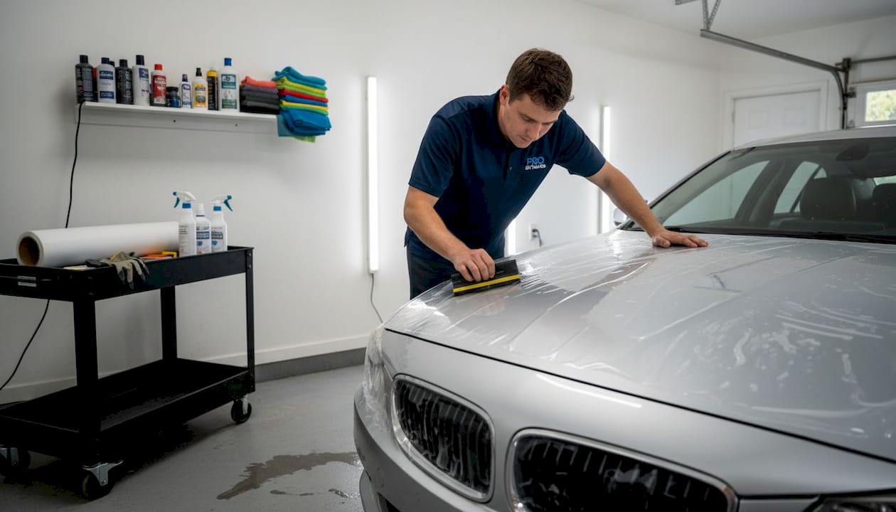 Detailer applying paint film in garage