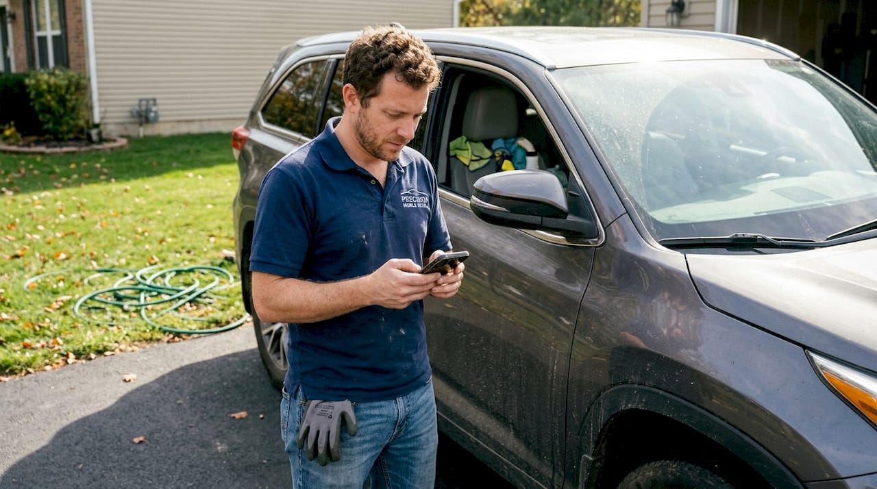 Mobile car detailer checking appointment on driveway