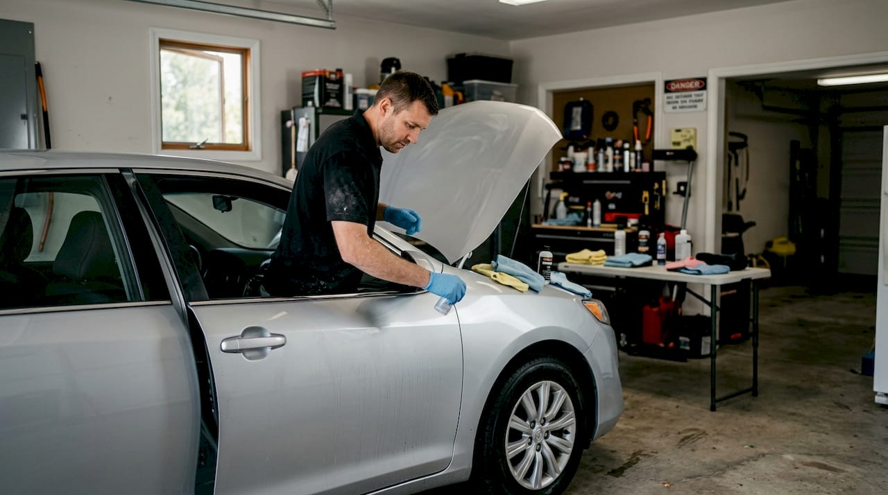 Auto detailer applies self-healing coating to car