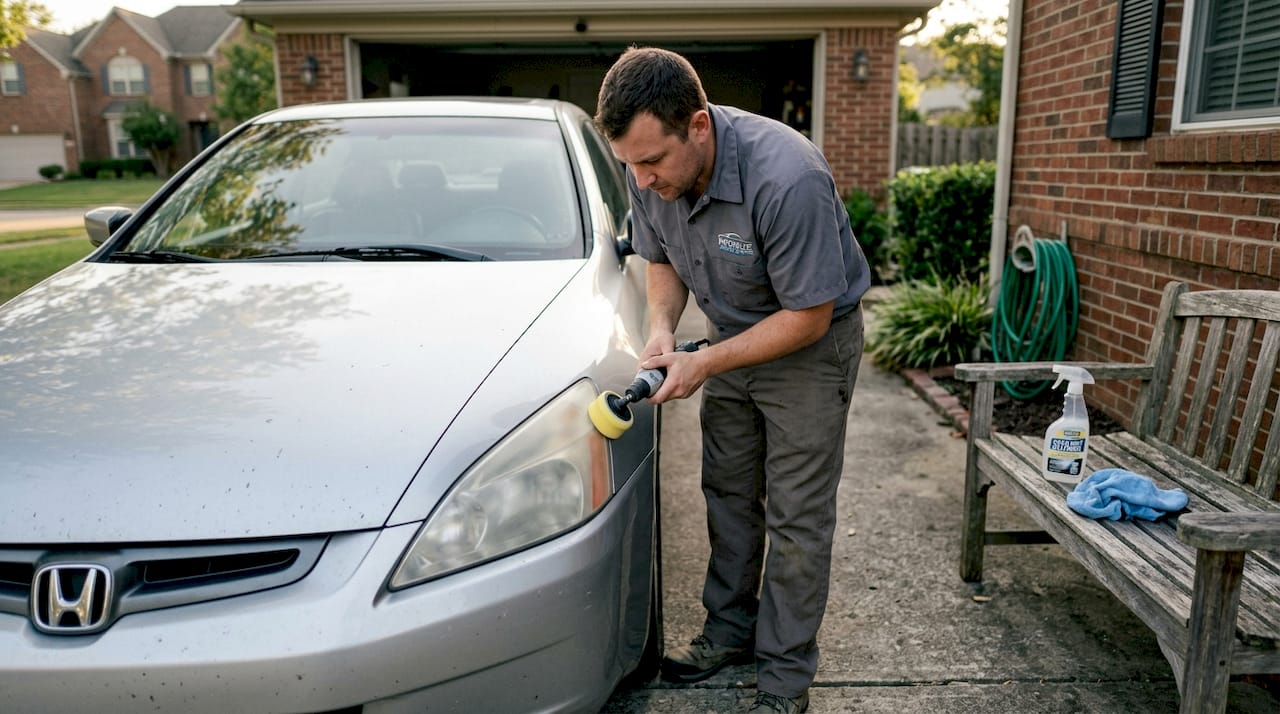 Auto detailer restoring cloudy car headlights
