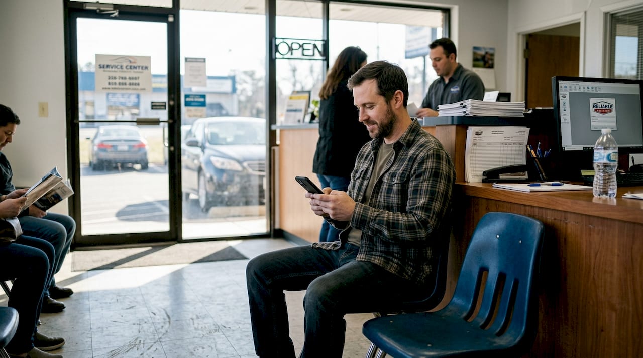 Car owner reading reviews at service center