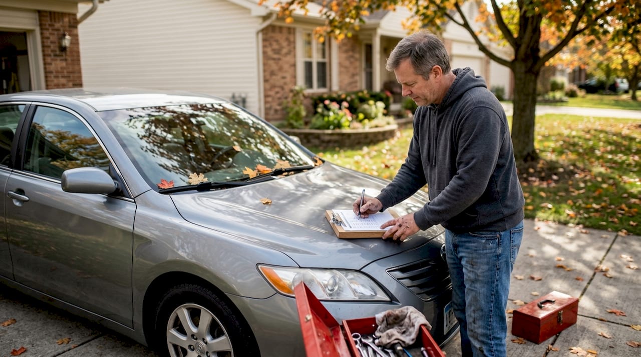 Man checking car maintenance checklist in driveway