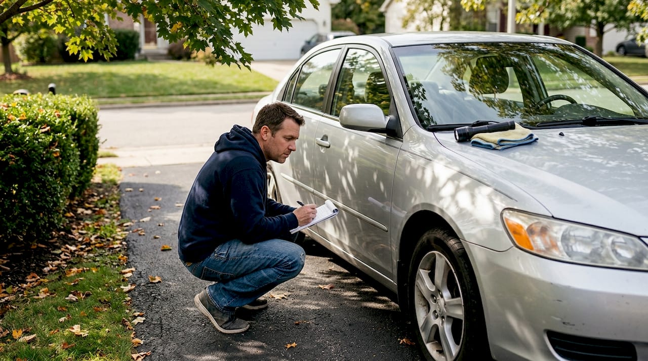 Man inspecting car’s paint in driveway