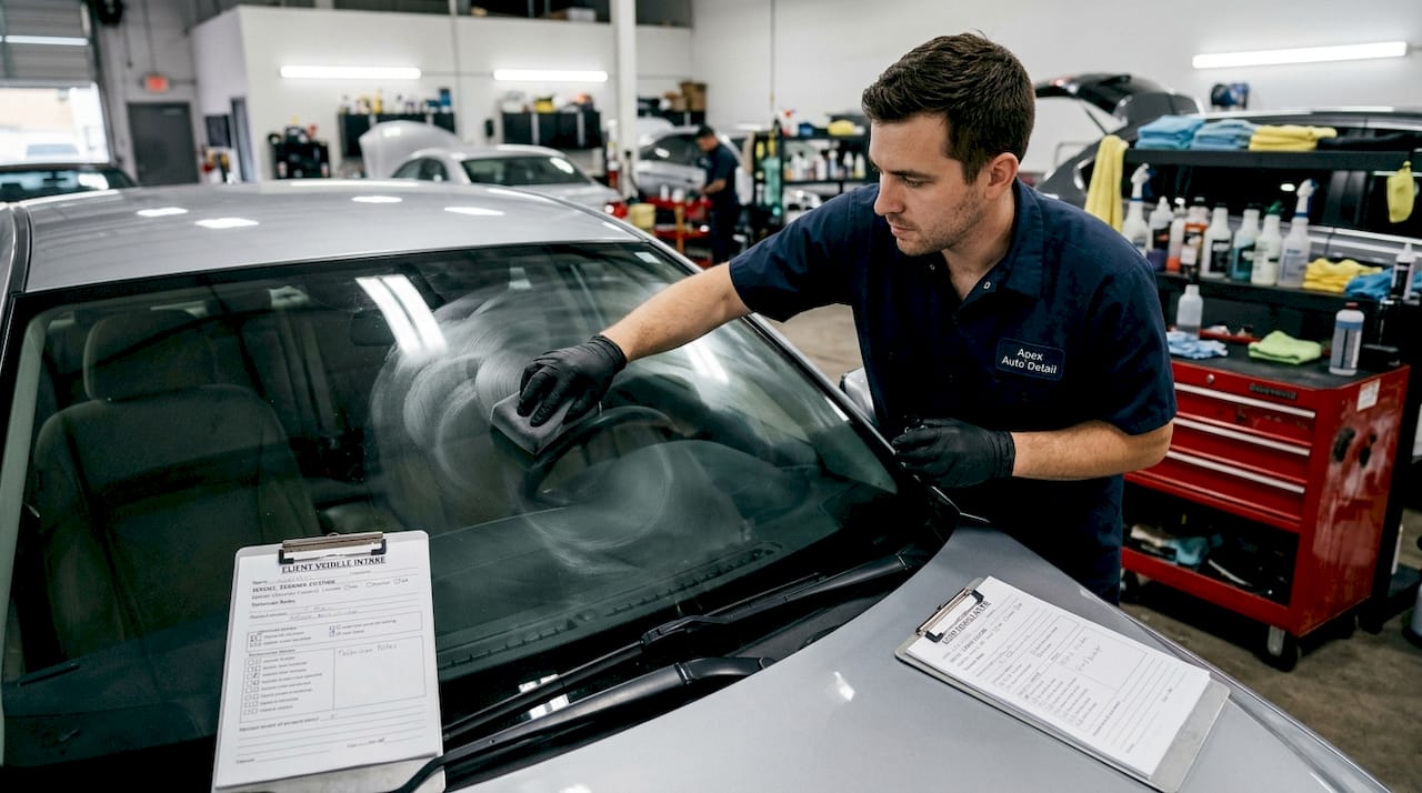 Technician applying glass coating to car windshield