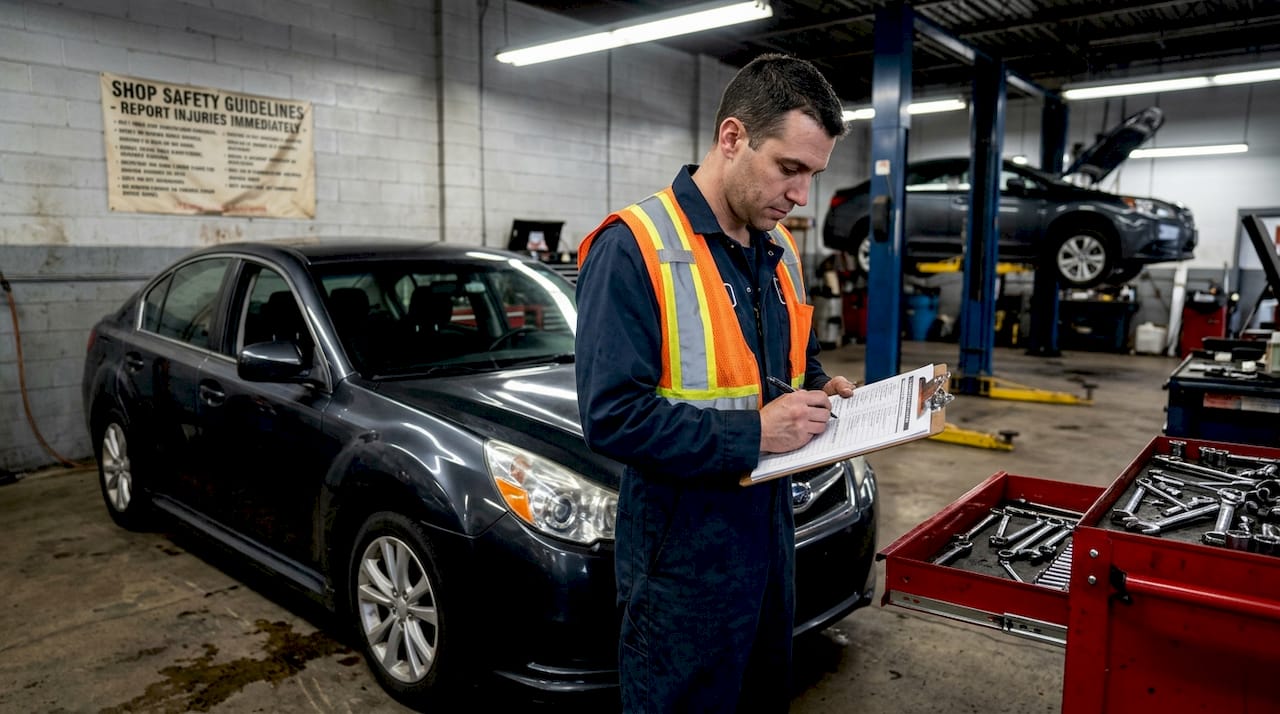 Auto technician reviews safety checklist in repair shop