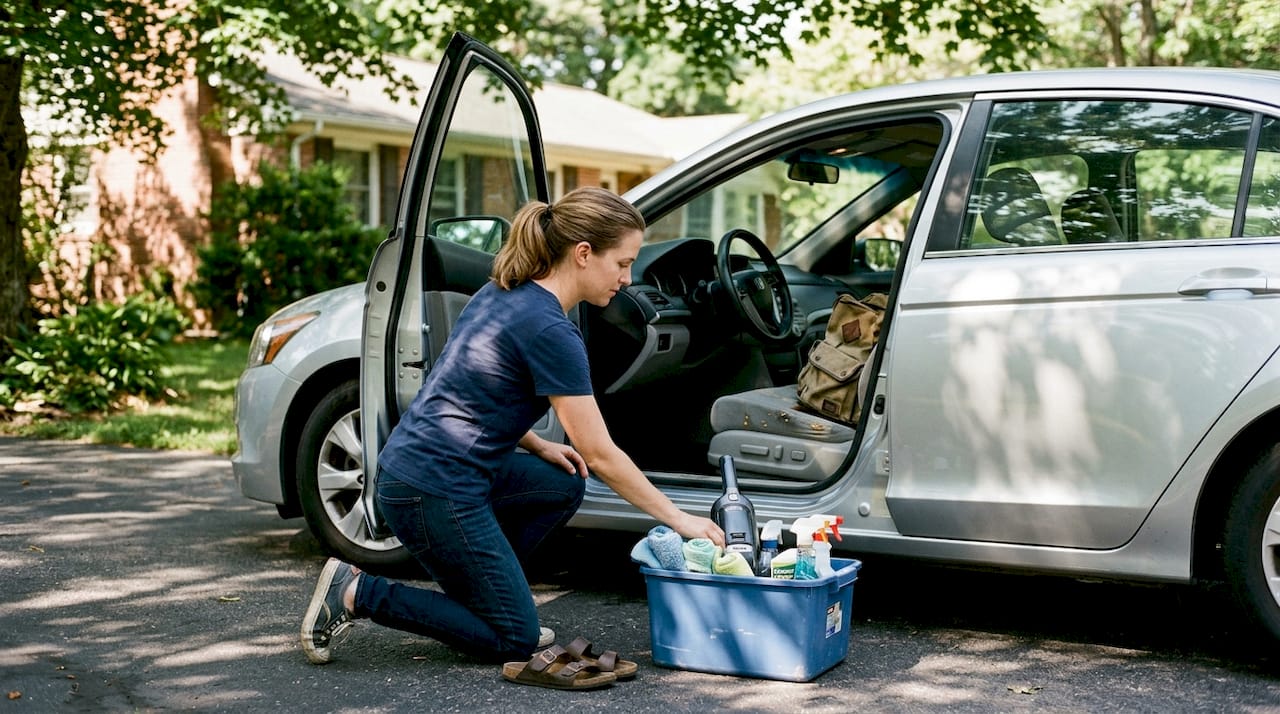 Woman gathering tools for car cleaning