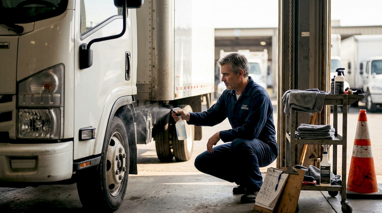 Technician detailing white fleet truck at depot