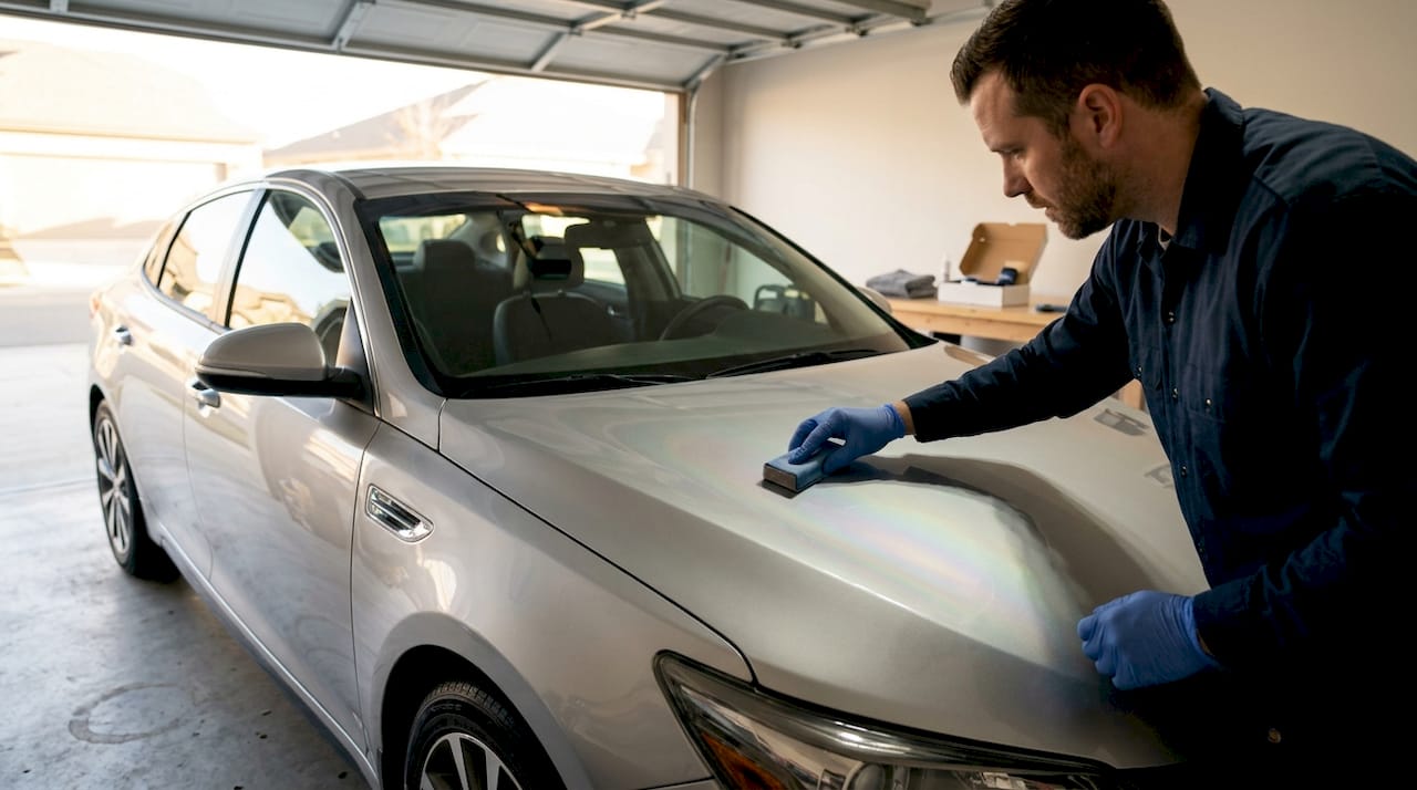 Auto detailer applying hydrophobic coating in garage