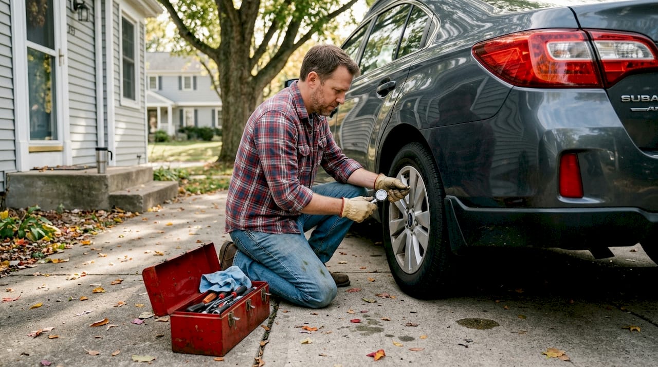 Man inspecting car tire on suburban driveway