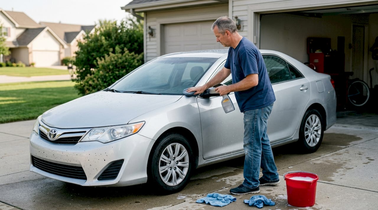 Man applying decontamination wash to car
