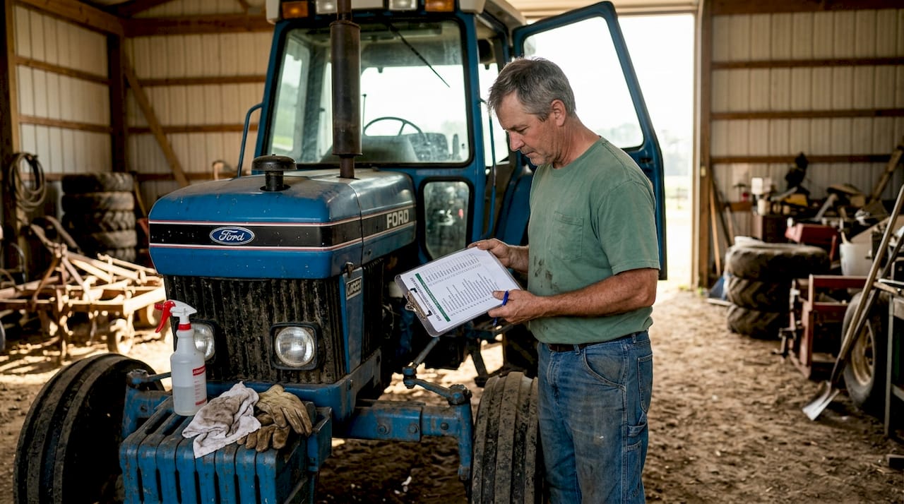 Technician checks detailing checklist on tractor