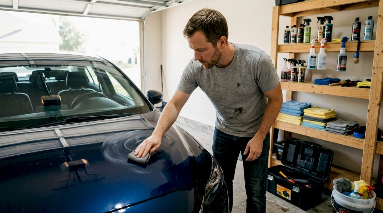 Detailer applying graphene coating to car