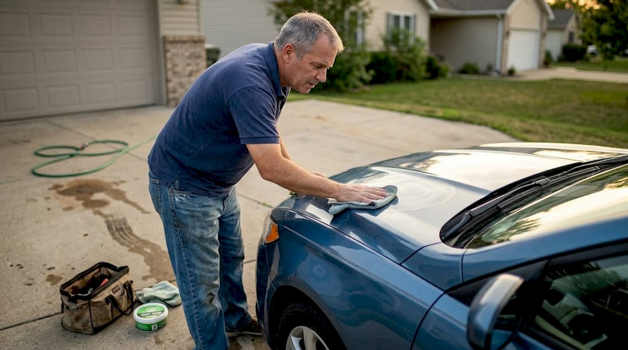 Car owner waxing vehicle in home driveway