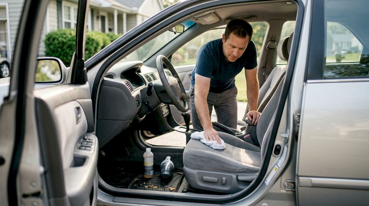 Man blotting stain on car seat with towel