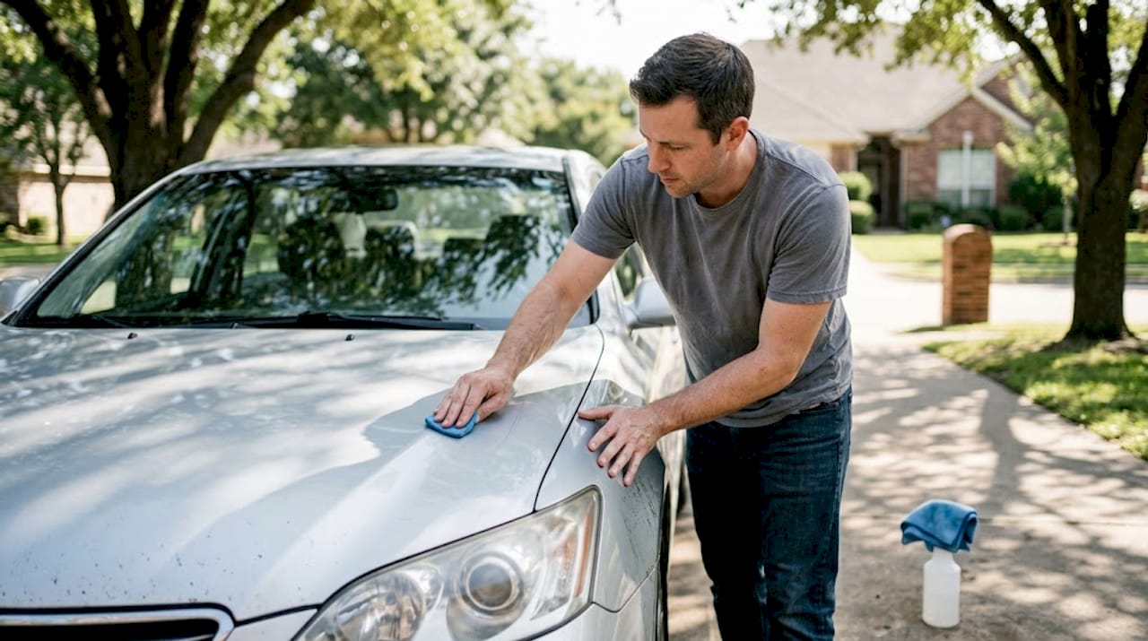 Person using clay bar on car hood