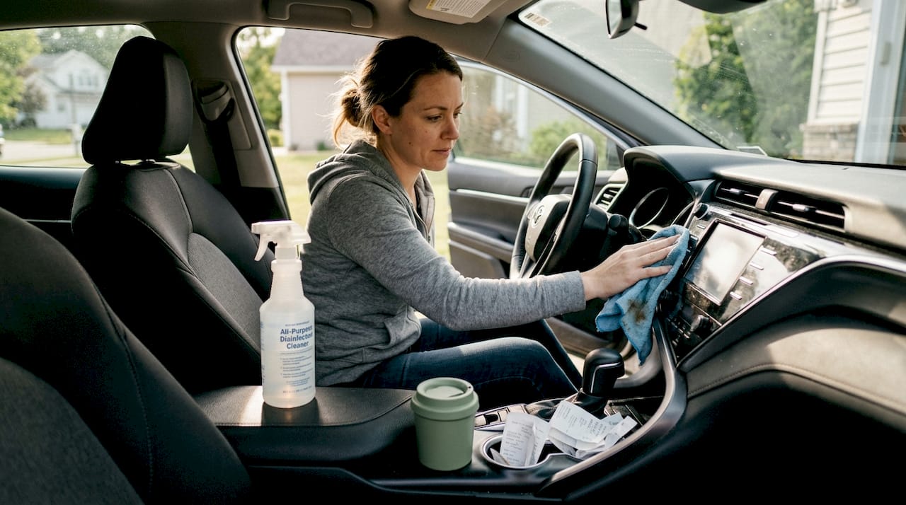 Woman cleaning car dashboard with microfiber cloth