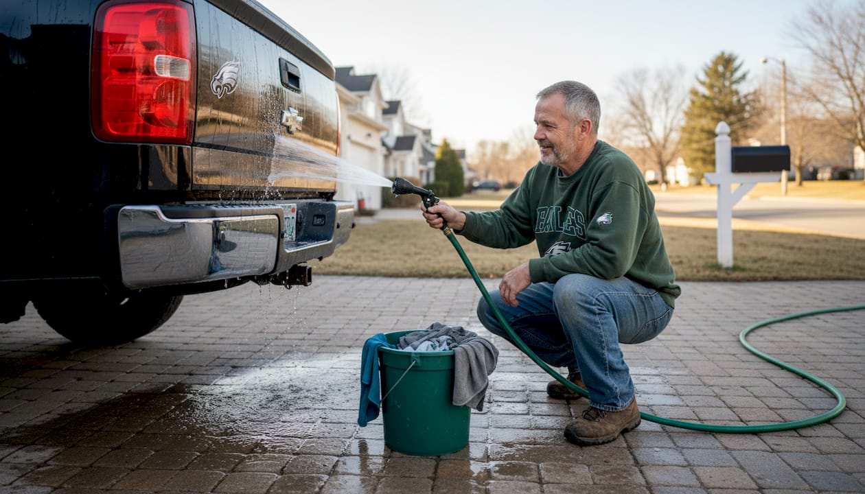 Man washing black pickup truck at home