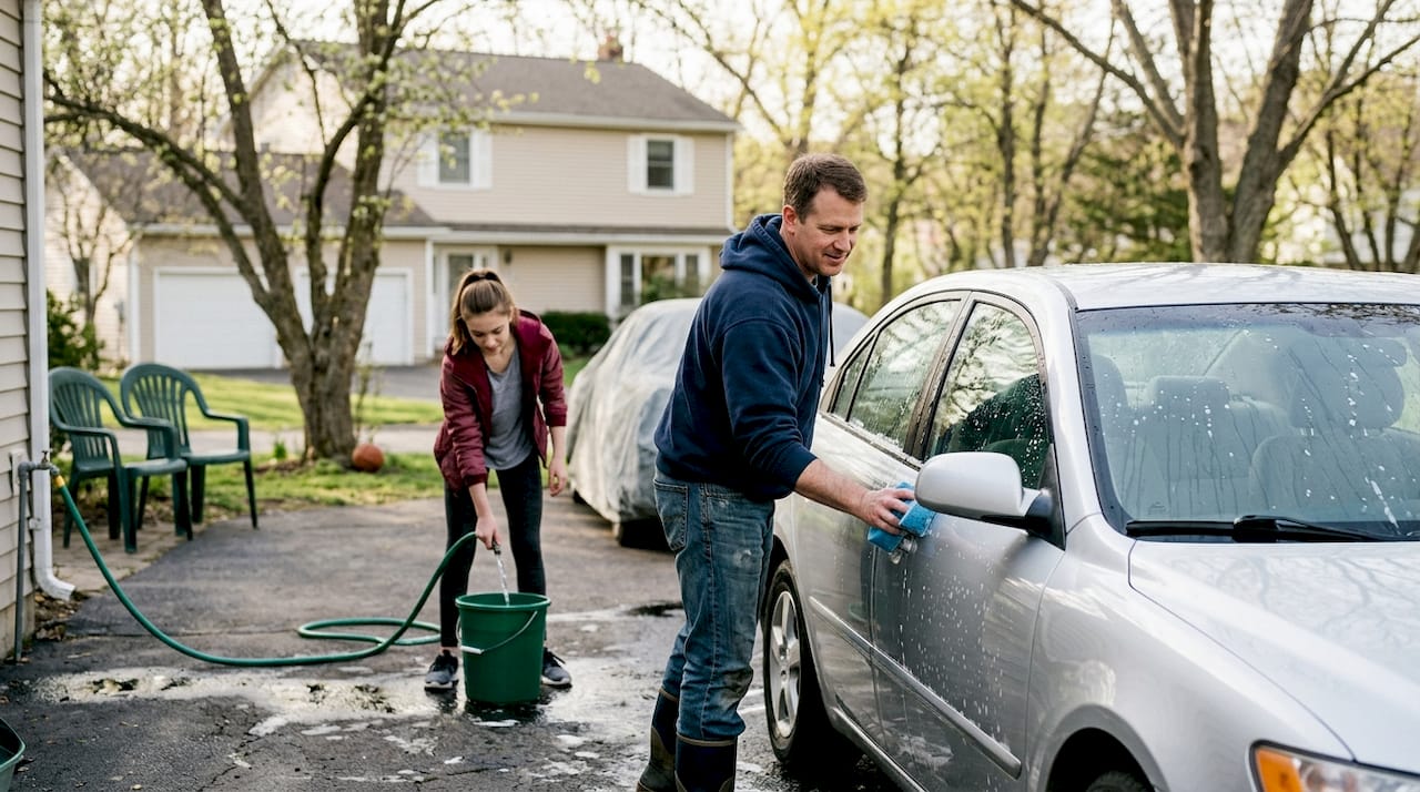 Man washing car in suburban driveway spring morning