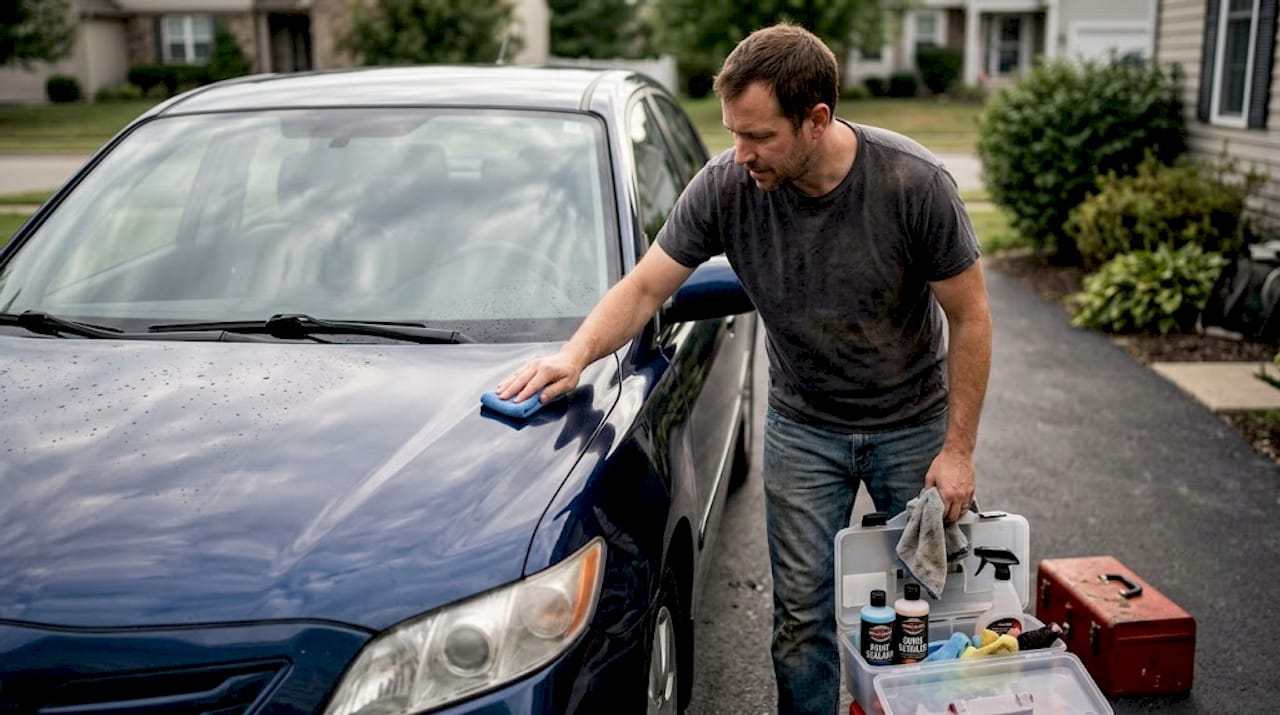 Person applying paint sealant to car hood