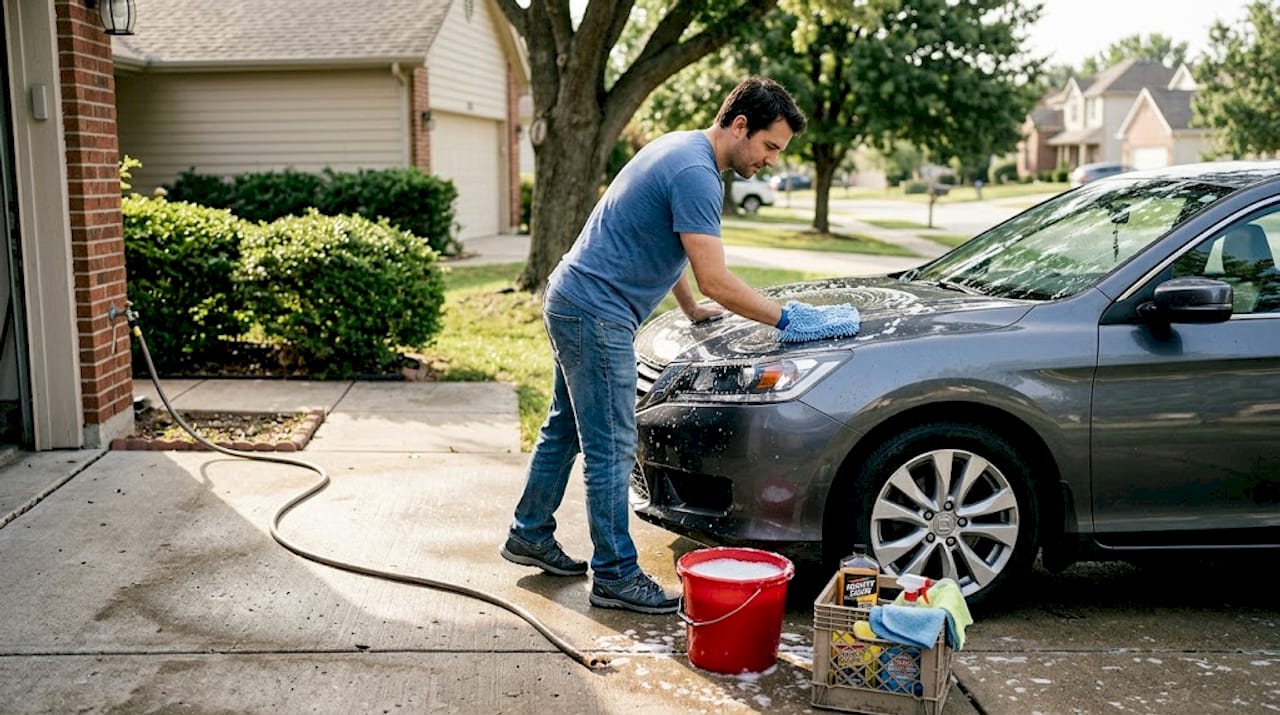 Man hand-washing car in driveway