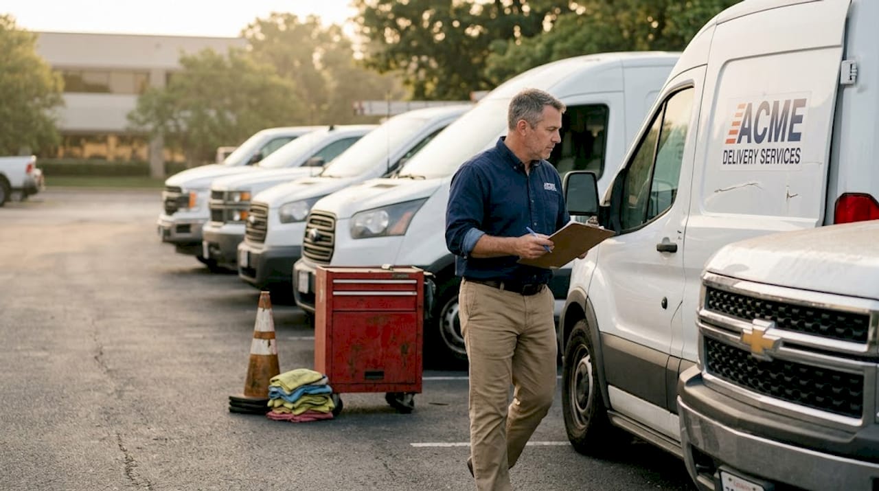 Fleet manager inspects lineup of company vehicles