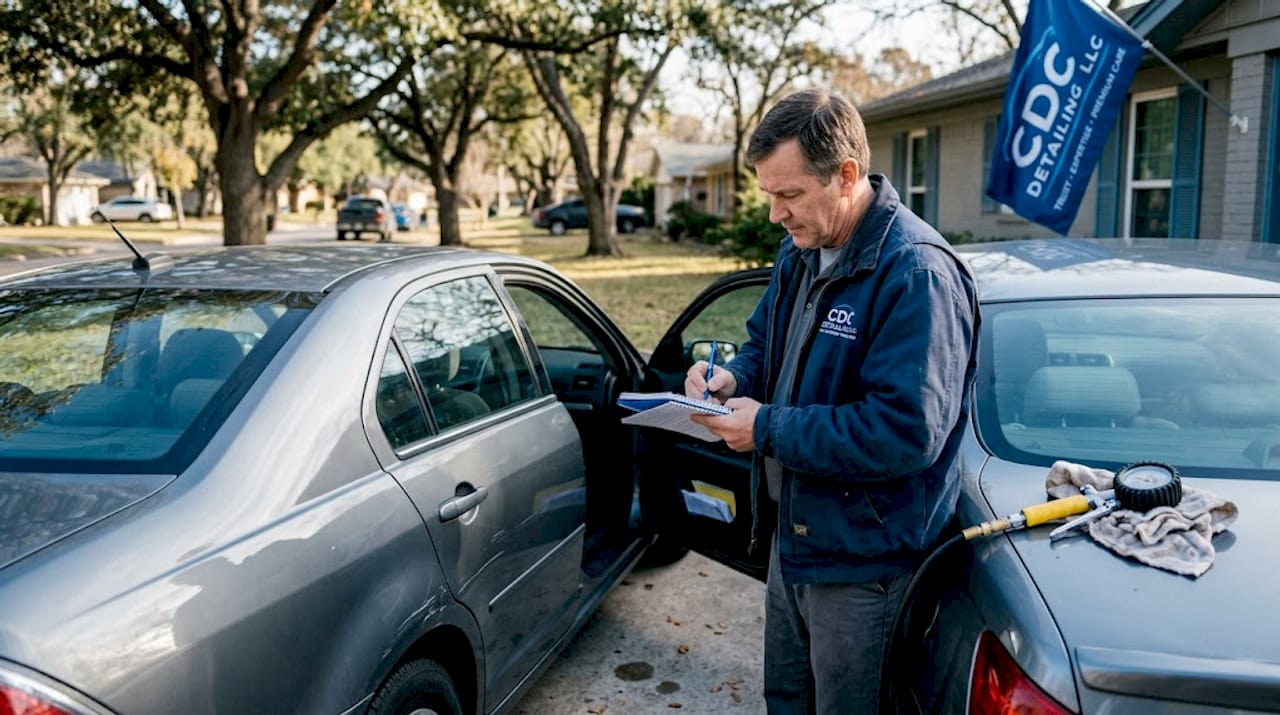 Owner recording car maintenance in driveway