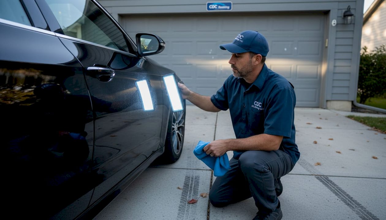 Detailer inspecting car paint for flaws