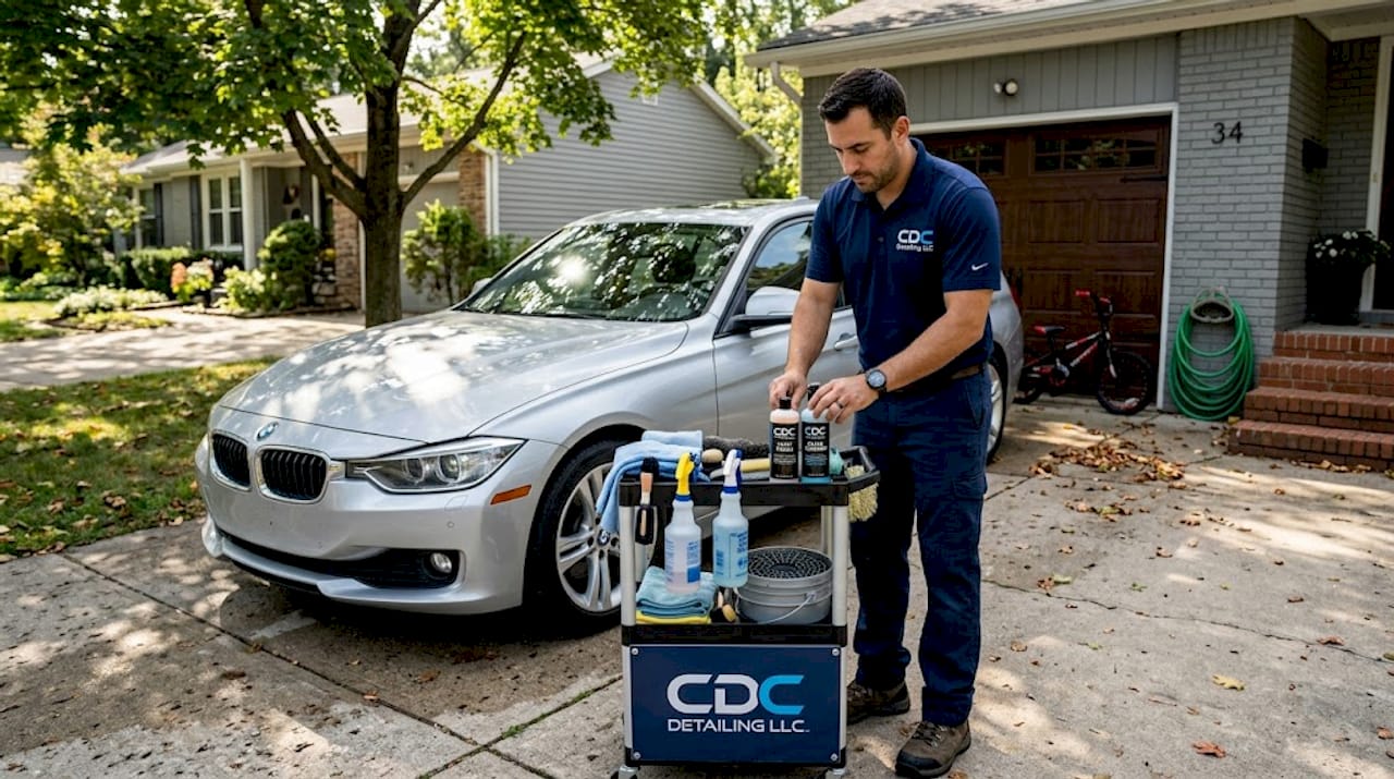 Mobile detailer prepping car in driveway