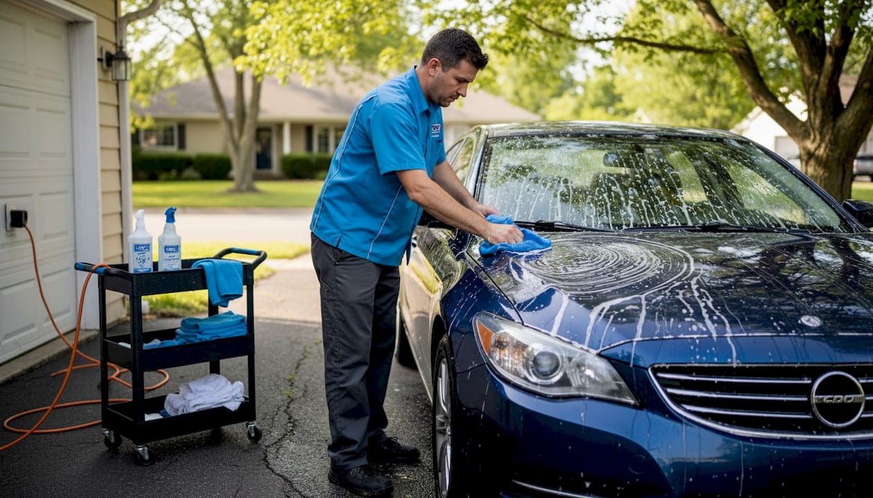 Auto detailer washing car in driveway