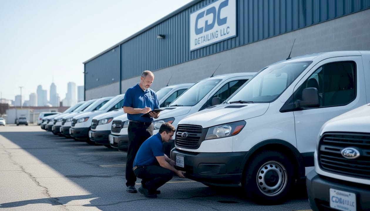 Fleet manager reviews vans in business lot