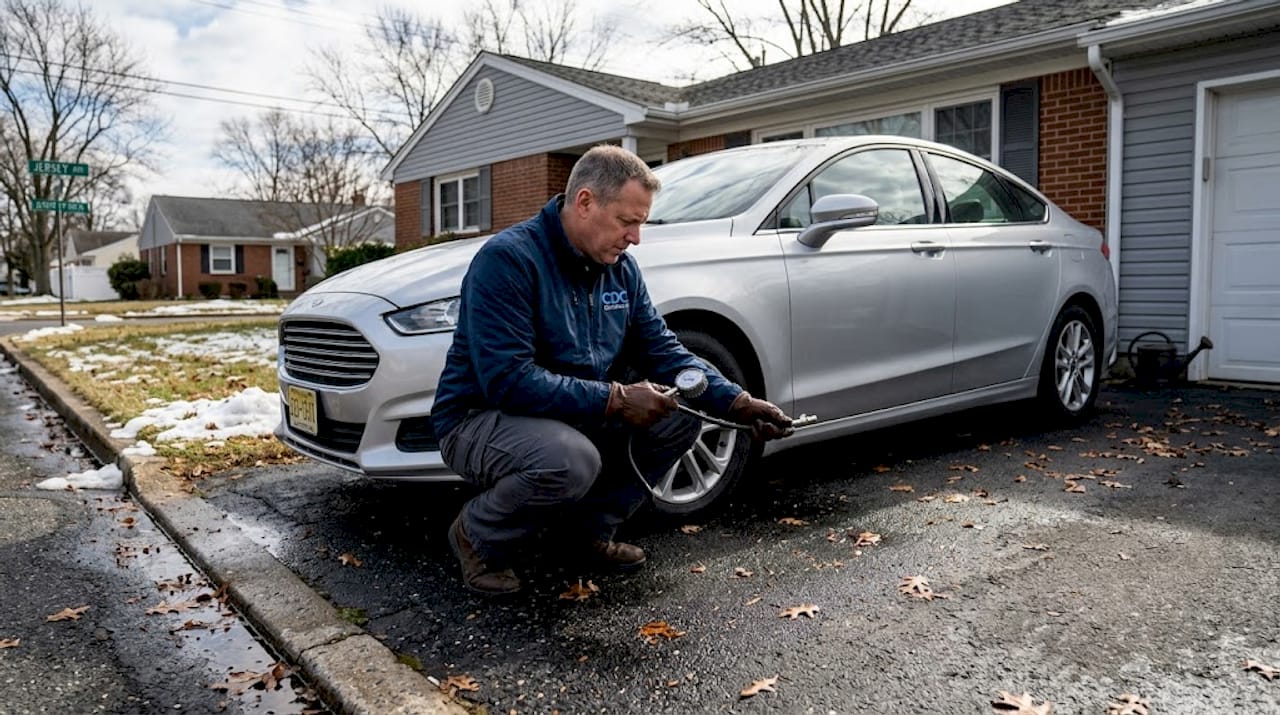 Driver checking tire pressure in South Jersey driveway