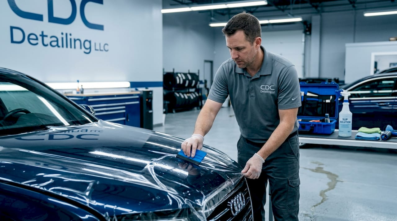 Installer applying PPF film to car hood