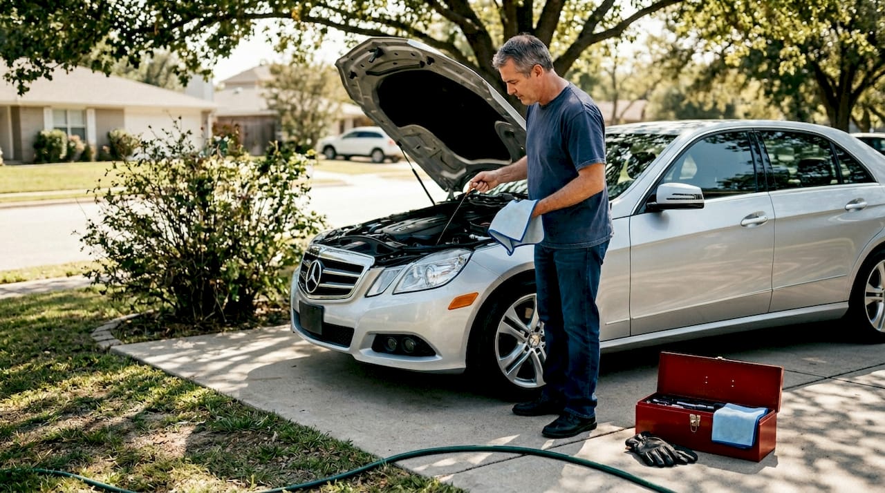 Man checking car oil in driveway