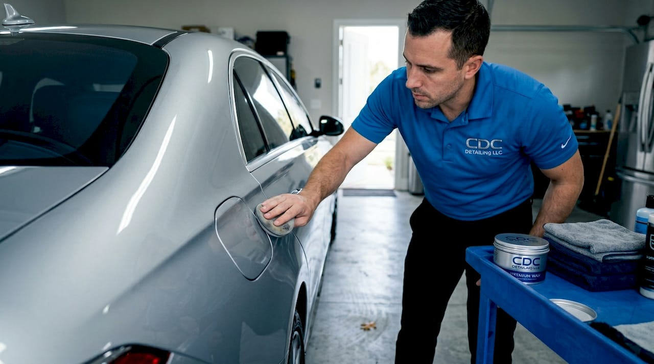 Auto detailer waxing a sedan in garage